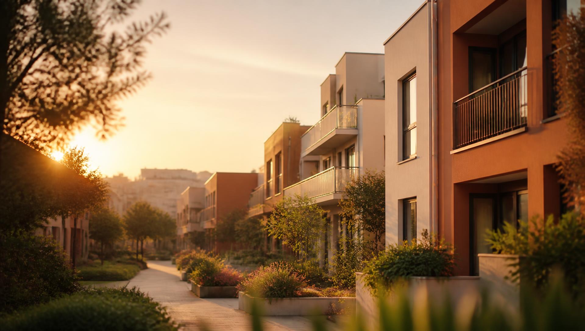 Sunlit residential street with apartment balconies at golden hour